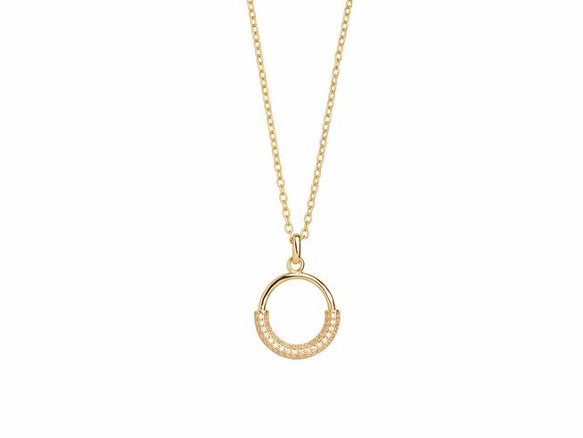 Xenox Sterling Silber Kette XS2290G in Gelbgold Vergoldung mit Kareekette und einem eleganten Anhänger in Halbmondform, besetzt mit funkelnden Zirkonia, Länge 40-45 cm, Modell SUNRISE.