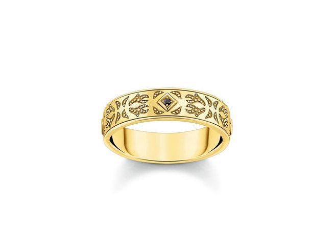 Rebellischer Wolf Ring von Thomas Sabo aus Silber mit Vergoldung und Zirkonia in Größe 56, verziert mit filigranen Mustern und edlem Design.