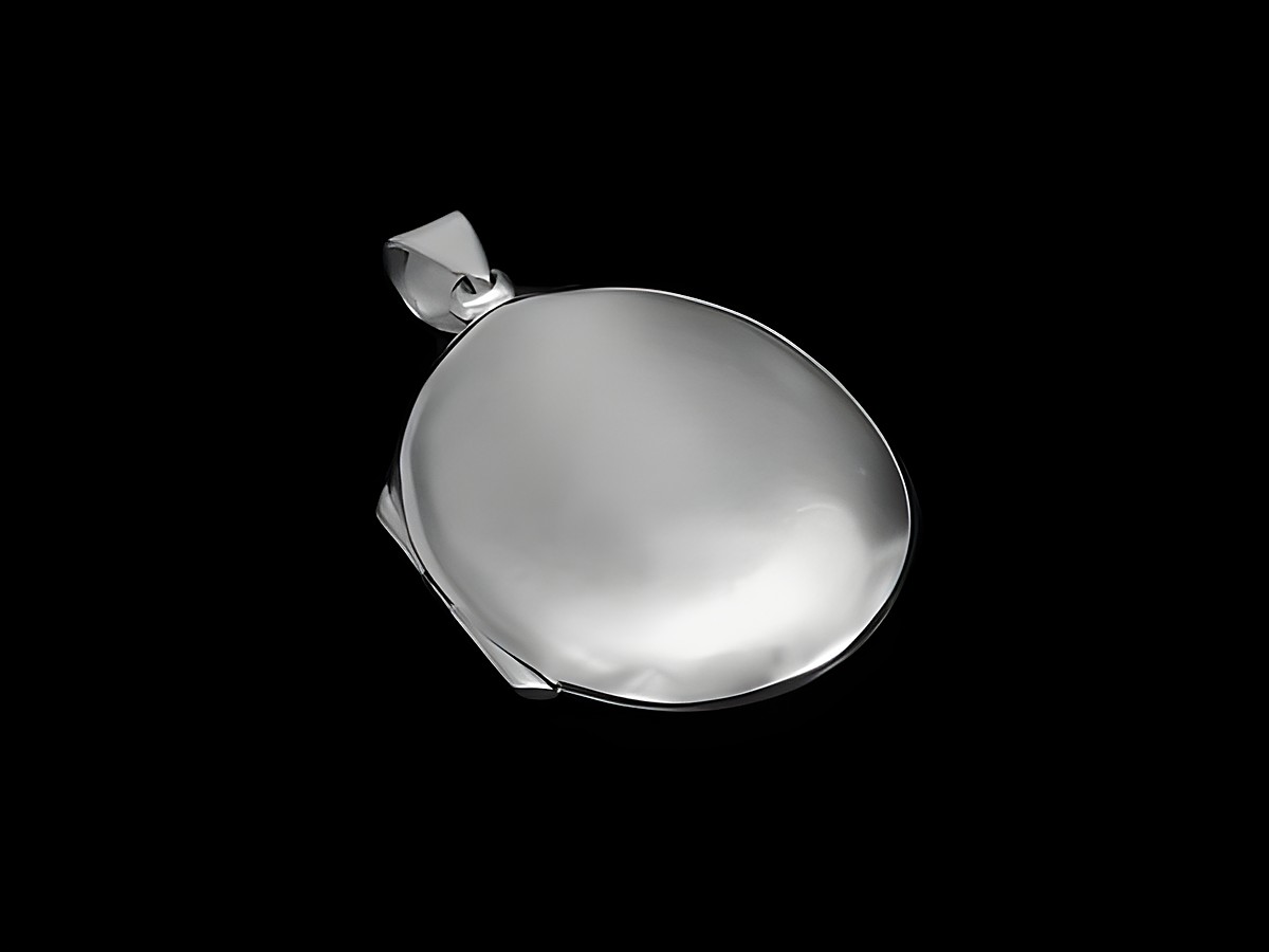 Silber Medaillon oval poliert gewölbt von Juwelier Harnisch, glänzende Oberfläche, elegante Form, ideal zum Tragen als Schmuckstück oder zur Aufbewahrung von Erinnerungen.