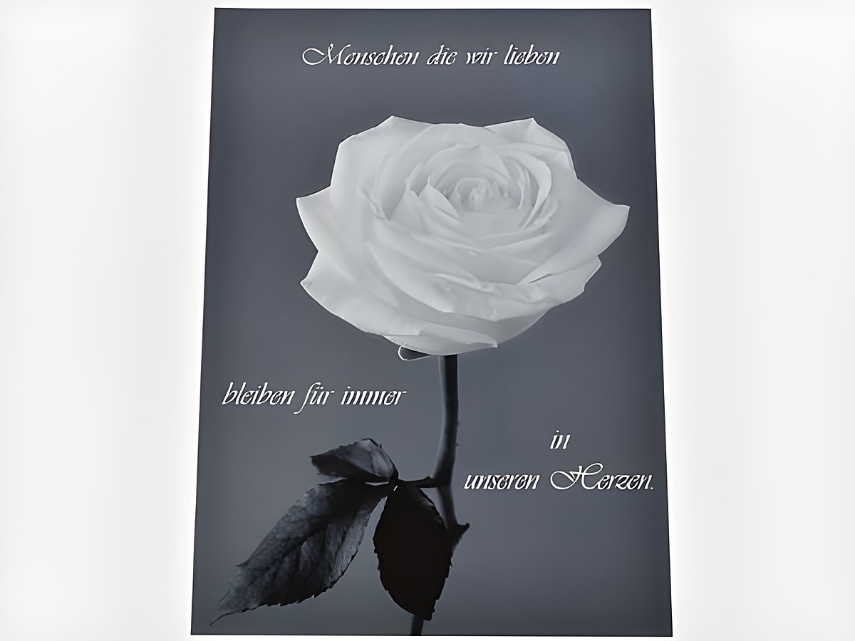 Trauerkarte mit einer weißen Rose auf schwarzem Hintergrund, textlich auf den Verlust von geliebten Menschen anspielend, Hersteller Juwelier Harnisch.