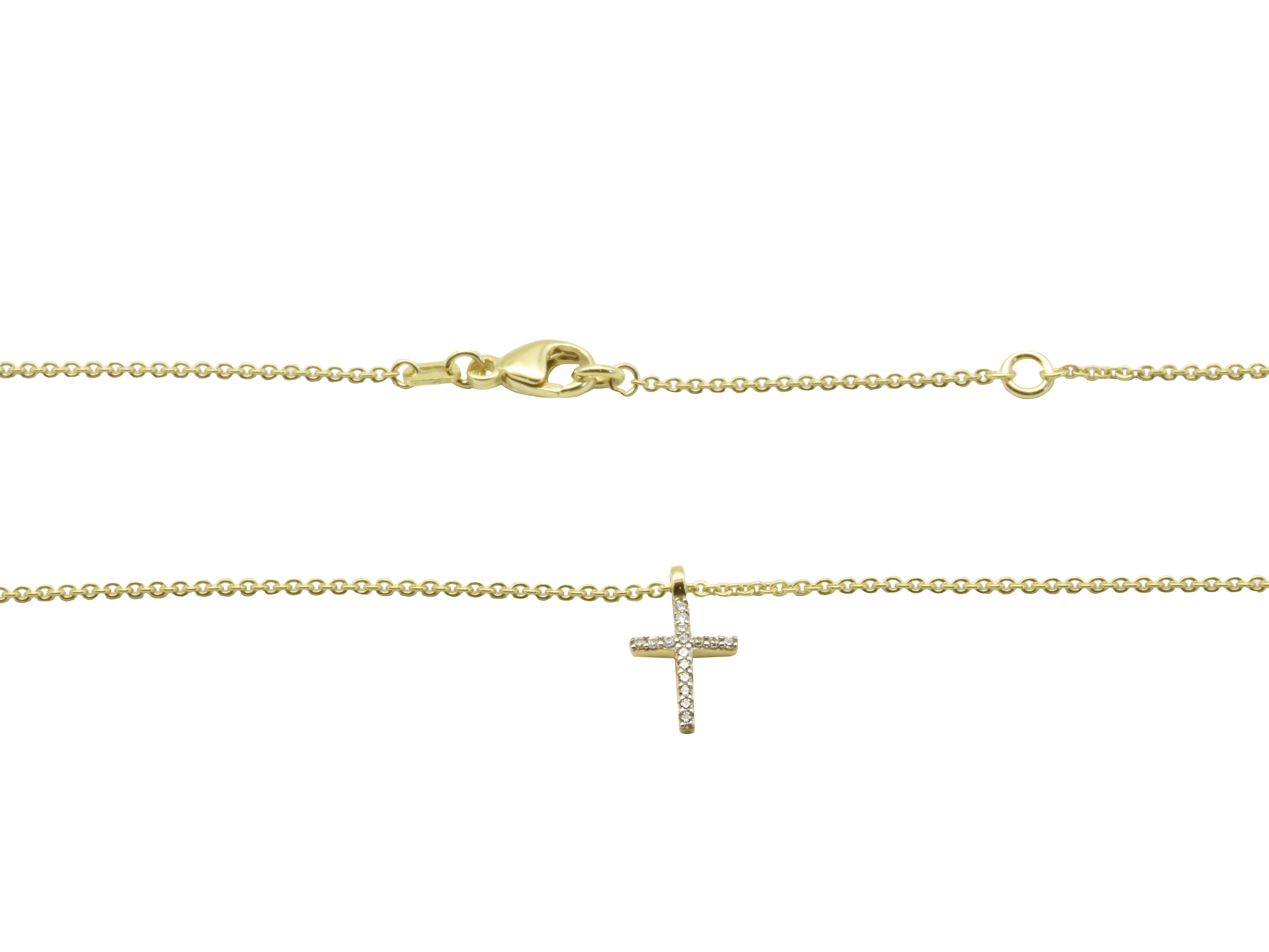 Kette Kreuz elegant aus vergoldetem Sterling Silber 925 mit polierter Oberfläche und Zirkonia, in den Längen 42 und 45 cm, Modell von Juwelier Harnisch, Mittelteil Colliers.