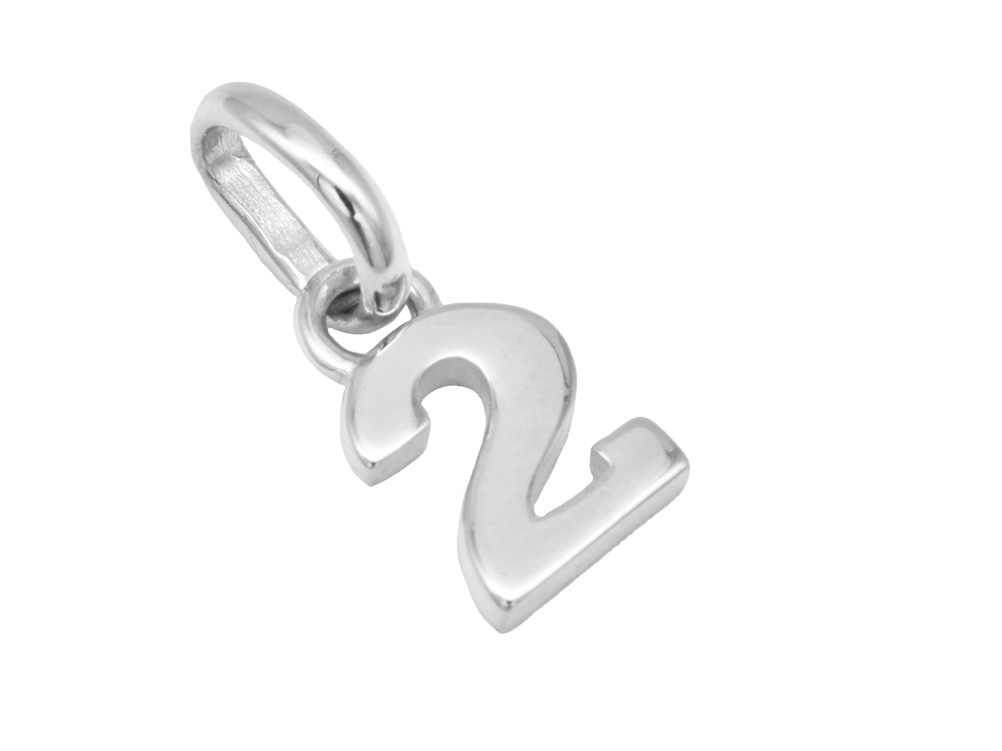 Silber Anhänger Zahl 2 aus rhodiniertem Sterling Silber, poliert, symbolisiert Glückszahlen und ist ideal für individuelle Schmuckstücke, Hersteller Juwelier Harnisch.