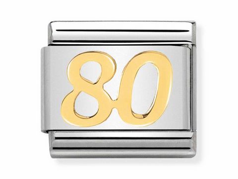 Ein elegantes Charm aus Edelstahl mit der Zahl 80 in goldener Farbe, ideal für die tägliche Verwendung und zum Feiern besonderer Anlässe. Hochwertige Verarbeitung von Nomination.