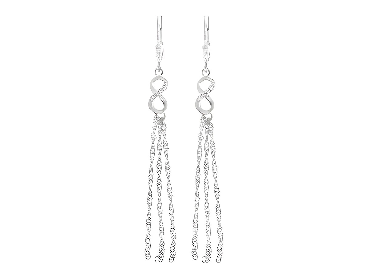 Verspielt designte Ohrringe Hänger in Silber rhodiniert mit Unendlich-Zeichen und Kettchen. Hersteller Juwelier Harnisch, ausgestattet mit Stein für zusätzlichen Glanz.