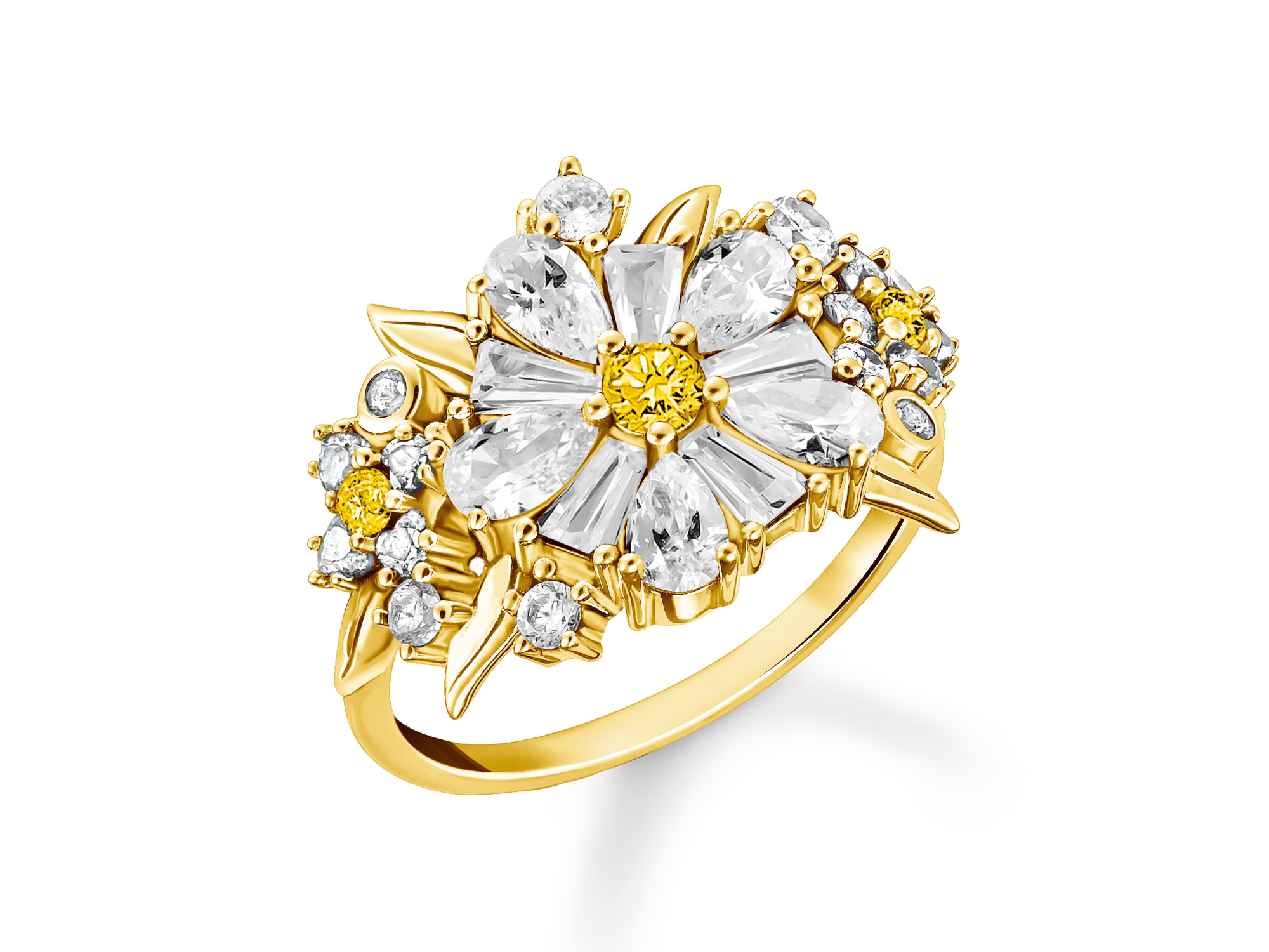 Zarter Blumen Cocktailring von Thomas Sabo in Silber vergoldet mit funkelnden Steinen, im Design Blooming Skies in der Größe 50, ideal für besondere Anlässe oder als Geschenk.