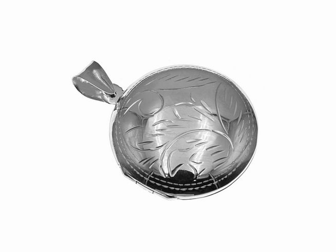 Silber Medaillon rund mit Schliff, Hersteller Juwelier Harnisch. Das Medaillon zeigt eine fein gravierte Oberfläche mit floralen Motiven und einem klassischen Aufhänger.