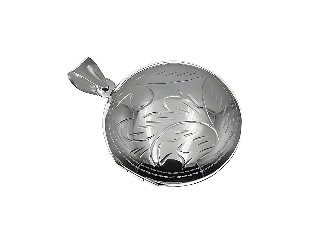 Silber Medaillon rund mit Schliff, Hersteller Juwelier Harnisch. Das Medaillon zeigt eine fein gravierte Oberfläche mit floralen Motiven und einem klassischen Aufhänger.