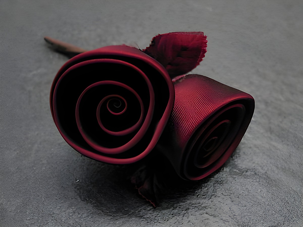 Zwei bordeauxrote Satinrosen in stilvoller Form, ideal als Haarschmuck oder Brosche, hergestellt von Juwelier Harnisch, perfekt für traumhafte Anlässe.