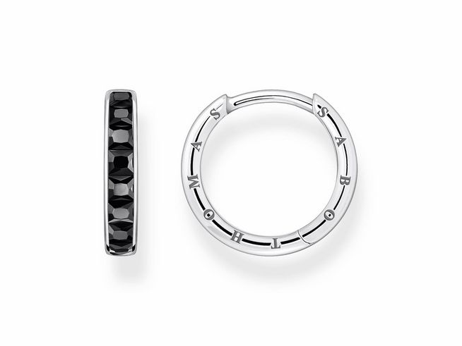 56971788-0 Thomas Sabo Creolen in Silber mit geschwungenem Design und schwarzen Zirkonia, elegant und modern, ideal für stilbewusste Schmuckliebhaber.