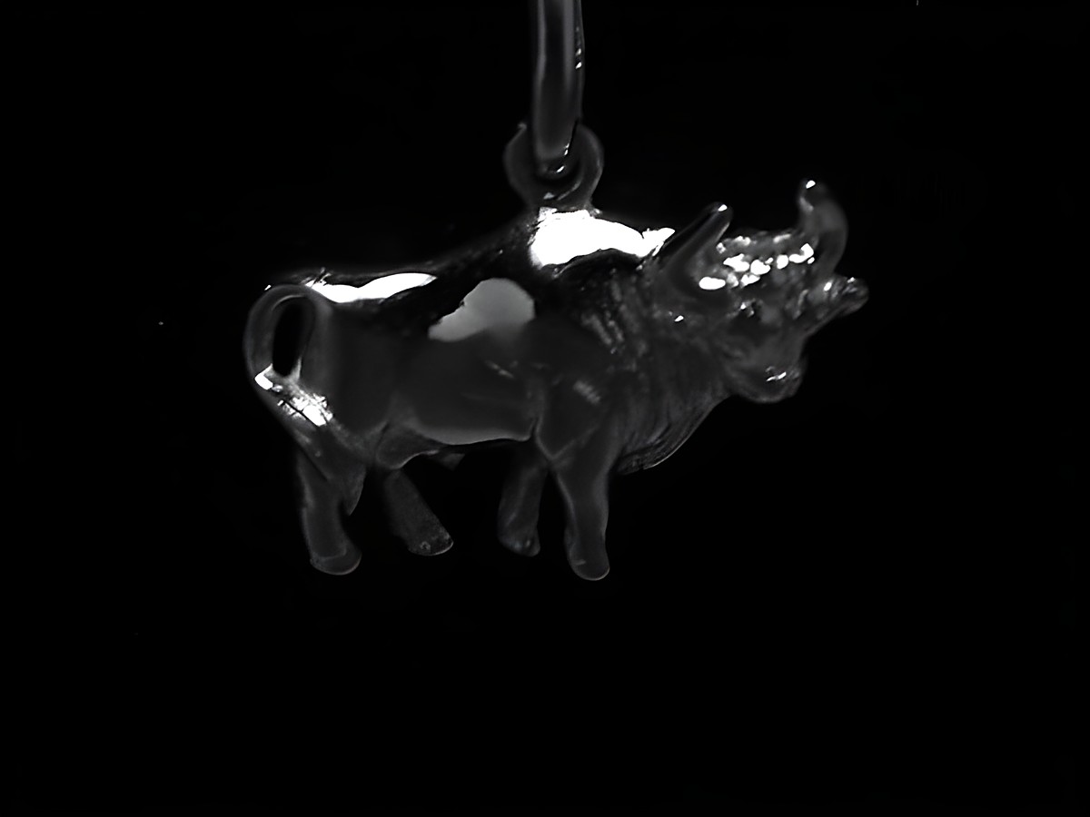 Ein polierter Anhänger in Form eines Stiers aus 925 Sterling Silber, hergestellt von Juwelier Harnisch, zeigt detailreich den Stier, ein Symbol des Sternzeichens Stier.