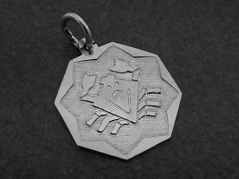 Silber Anhänger Platte mit dem Sternzeichen Krebs, gefertigt von Juwelier Harnisch, zeigt ein krebsähnliches Motiv auf einer octagonalen Form. Ideal als Schmuckstück für Krebs-Geborene.