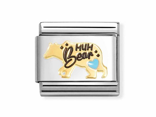 Hellblaues Emaille-Armbandglied von Nomination mit der Aufschrift Mum Bear und einer stilisierten Bärchen-Grafik, ideal für den Alltag und als Geschenk für Mütter.