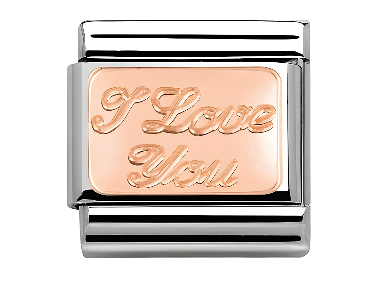 Roségoldene Nomination Classic Platte mit der Aufschrift I love you, elegant und modern gestaltet, passt perfekt zu jedem Armband und ist ein schönes Geschenk für besondere Anlässe.