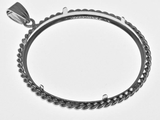 Münzfassung Anhänger aus 925 Sterling Silber rhodiniert, mit Kordel-Design und Platz für Münzen mit bis zu 41 mm Durchmesser, geeignet für über 4,0 cm Münzen, Hersteller Juwelier Harnisch.