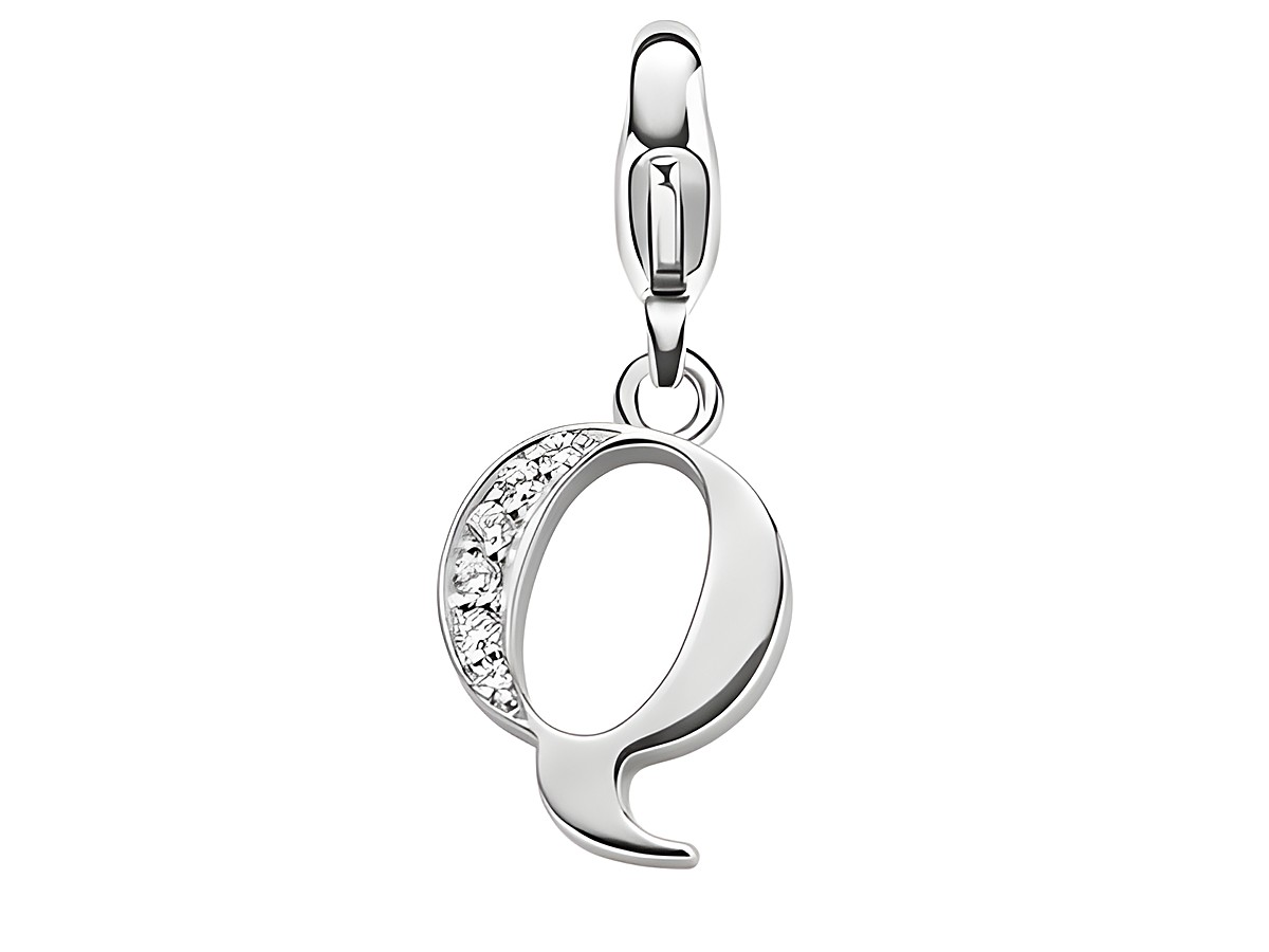 Silber Charm in Form des Buchstabens Q von Ti Sento, verziert mit funkelnden Zirkonia-Steinen, ideal für individuelle Schmuckstücke.