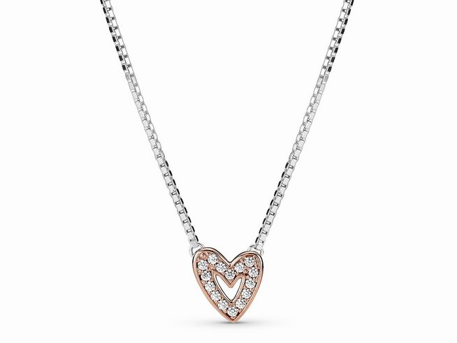 Pandora Sparkling Freehand Halskette aus Silber und roségoldvergoldetem Material mit Zirkonia-Anhänger in Herzform, 45 cm lang, elegantes und zeitloses Schmuckstück.