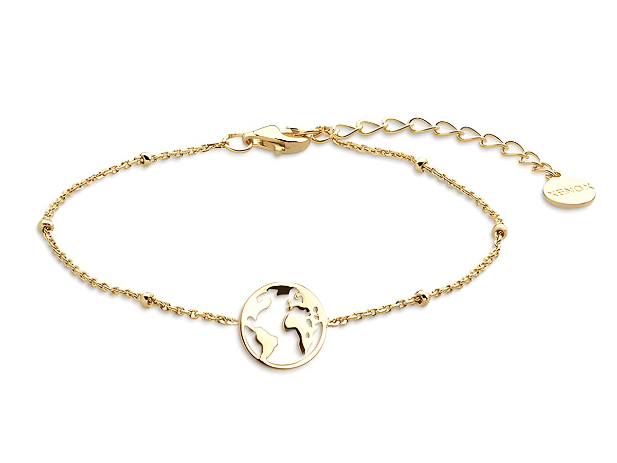 Xenox Sterling Silber Armband XS2986G in Gelbgold vergoldet mit Kareekette und Weltkugel Anhänger, verstellbar von 15 bis 20 cm, ideal für Abenteuerlustige.