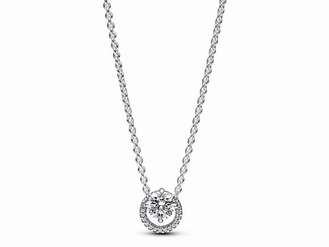 391174000-0 Funkelnde runde Strahlenkranz Collier-Halskette aus Silber mit klarem Zirkonia-Anhänger, 45 cm lang, elegantes Design für einen stilvollen Auftritt.