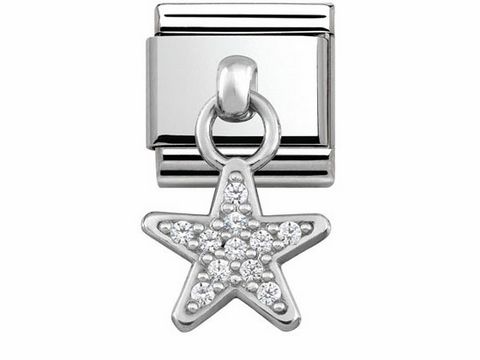Edelstahl und Silber Charm von Nomination mit einem funkelnden Stern, besetzt mit Glitzersteinen, ideal für personalisierte Schmuckkollektionen.