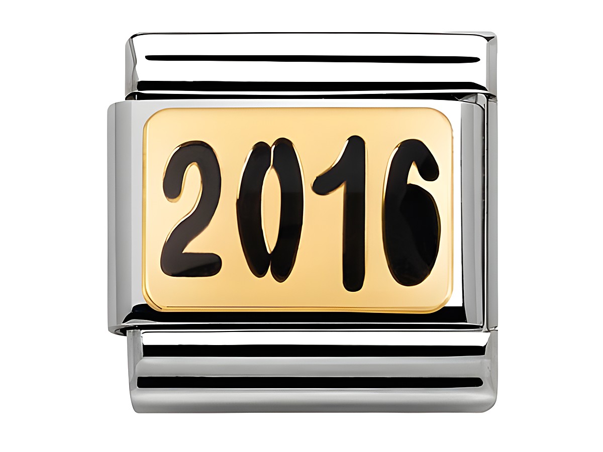 Nomination Classic BICOLOR - 030261 38 - 2016 - MESSAGES - Emaille zeigt ein Schmuckelement mit der Zahl 2016 in schwarzer Schrift auf einer goldfarbenen Fläche, eingefasst in silberfarbenem Edelstahl.