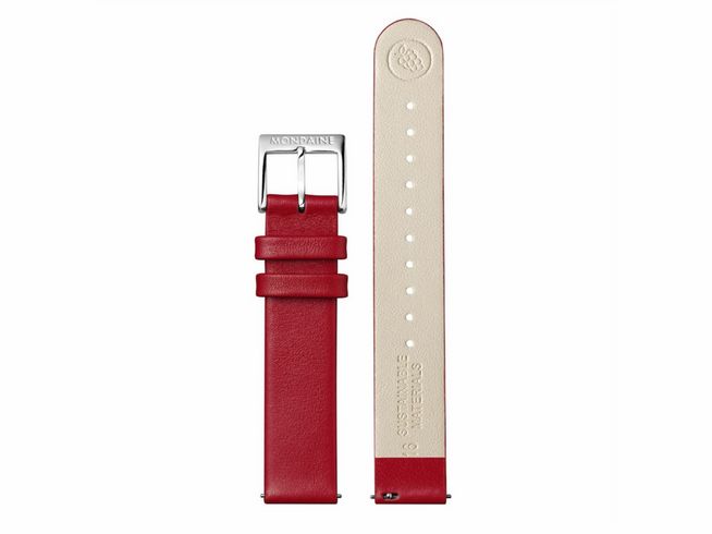 Mondaine Uhren Lederarmband FGM.3116.30Q.K aus veganem Traubenleder in Rot, 16 mm, mit Edelstahlverschluss. Ideal als Ersatz für Mondaine Uhren.