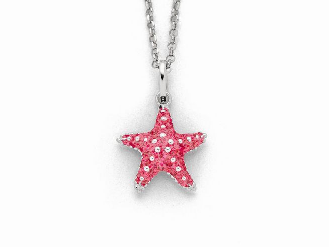 Sterling Silberkette mit einem Anhänger in Form eines Seesterns, der mit rosa Steinsand verziert ist, Länge der Kette beträgt 45 cm.