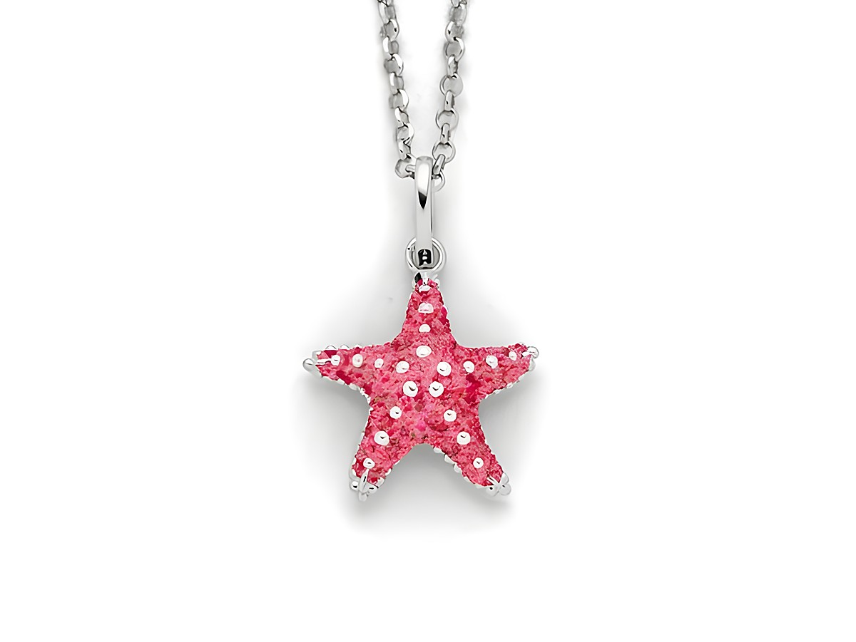 Sterling Silberkette mit einem Anhänger in Form eines Seesterns, der mit rosa Steinsand verziert ist, Länge der Kette beträgt 45 cm.