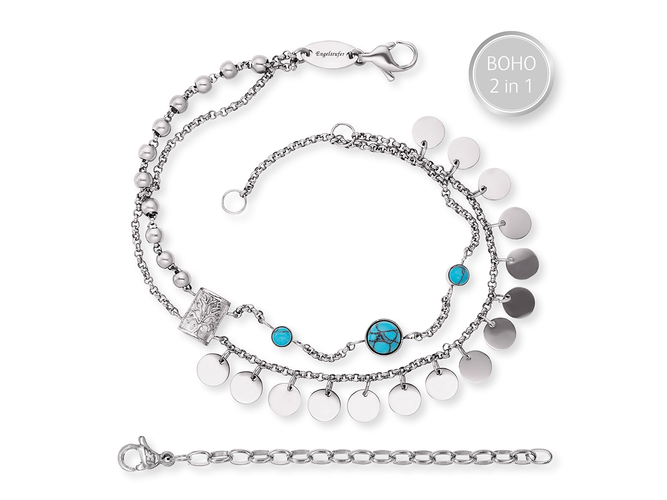 Engelsrufer ERBS-TREE-ZI LEBENSBAUM Armband BOHO aus Edelstahl mit Türkis, 17 cm lang, filigranes Design, kombiniert runde Plättchen und Stein für trendigen Look.