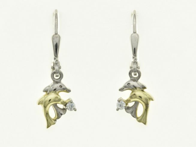 Delfine Ohrhänger aus Sterling Silber in Bicolor, rhodiniert, mit Zirkonia Stein, vom Hersteller Juwelier Harnisch, elegantes und verspieltes Design.