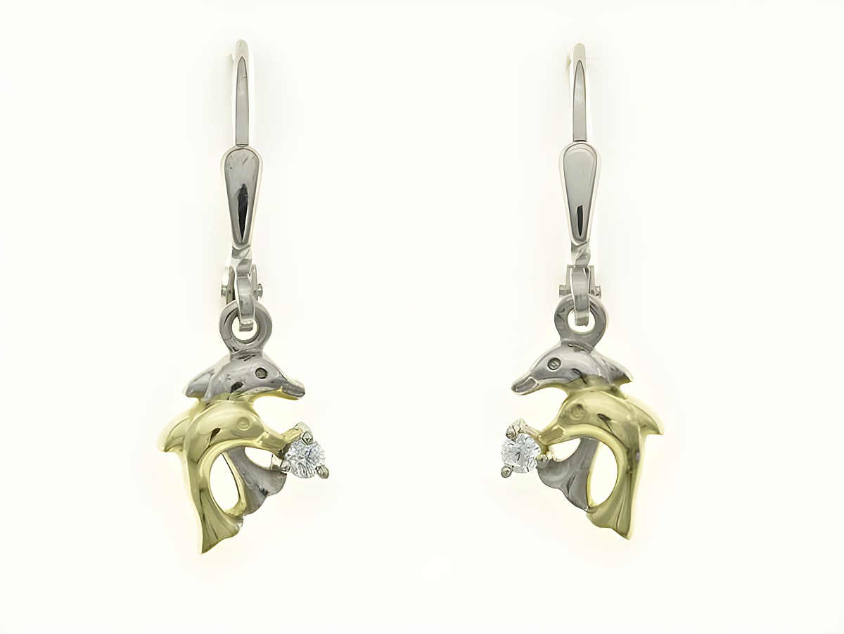 Delfine Ohrhänger aus Sterling Silber in Bicolor, rhodiniert, mit Zirkonia Stein, vom Hersteller Juwelier Harnisch, elegantes und verspieltes Design.