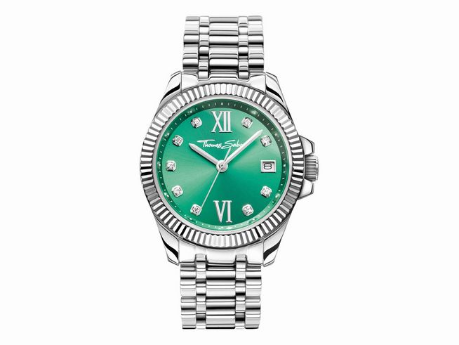 Damenuhr von Thomas Sabo WA0404-201-211-33 MM aus Edelstahl mit grünem Zifferblatt, römischen Ziffern und Diamanten, klassisches und elegantes Design für jeden Anlass.