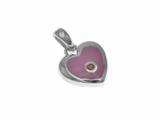 Herzanhänger in Silber rhodiniert mit verspieltem pinkem Lack und Zirkonia für Kinder, Hersteller Juwelier Harnisch. Ideal als modisches Accessoire.