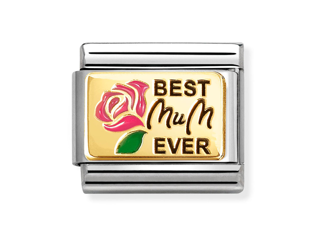 Plättchen aus 585 Gelbgold mit der Gravur Best mum ever und einer rosa Emaille-Rose, hergestellt von Nomination, ideal für eine besondere Geschenkidee.