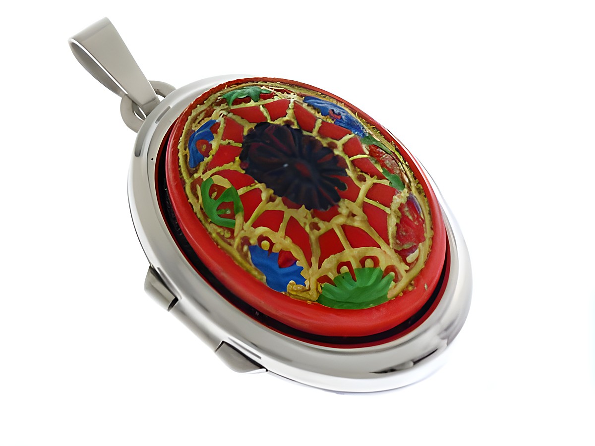 Medaillon mit Cabochon in rot, verziert mit bunten Mustern und goldfarbener Umrandung, gefasst in hochwertigem Sterling Silber, von Juwelier Harnisch.
