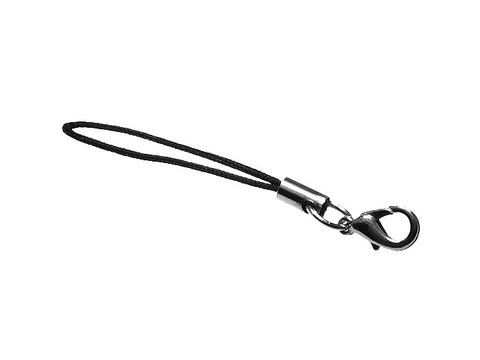 Schwarze Handyschmuck Schlaufe mit einem silbernen Karabinerhaken, ideal für die Befestigung von bis zu 1.500 verschiedenen Anhängern, hergestellt von Juwelier Harnisch.