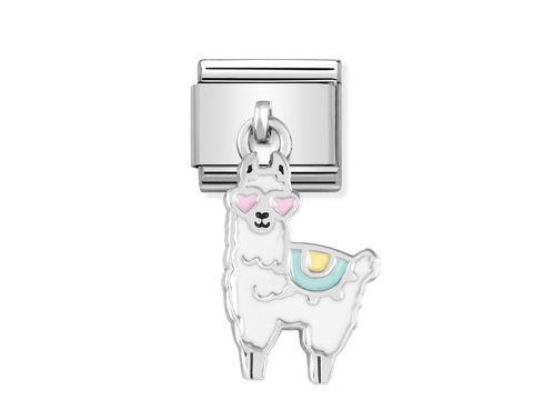 Charm aus Silber des Herstellers Nomination, Modell Classic - SilverShine 331805, mit einem niedlichen Lama-Design, das rosa Herzen als Augen und eine farbige Decke zeigt.