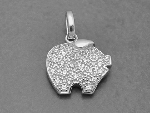 Glücksschwein Anhänger aus Sterling Silber mit Zirkonia, im Design eines Schweins, detailreich und glänzend, ideal für Tierliebhaber und als charmantes Schmuckstück.