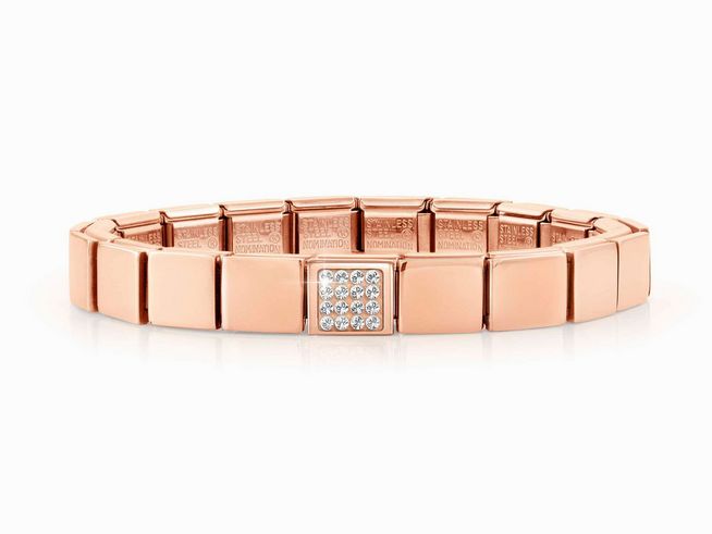 423910411-0 Edelstahl Armband in Roségold mit weißen Kristallen in der Mitte, modern und elegant, perfekt für jeden Anlass, Hersteller ist Nomination, Modellnummer 239104 11.