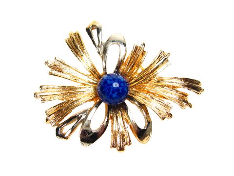 60400-0 Vergoldete Brosche -City- 43x33mm. Schöne Blume mit blauem Stein, Hersteller: Juwelier Harnisch, Broschen - Modeschmuck. Elegant und detailreich gestaltet.