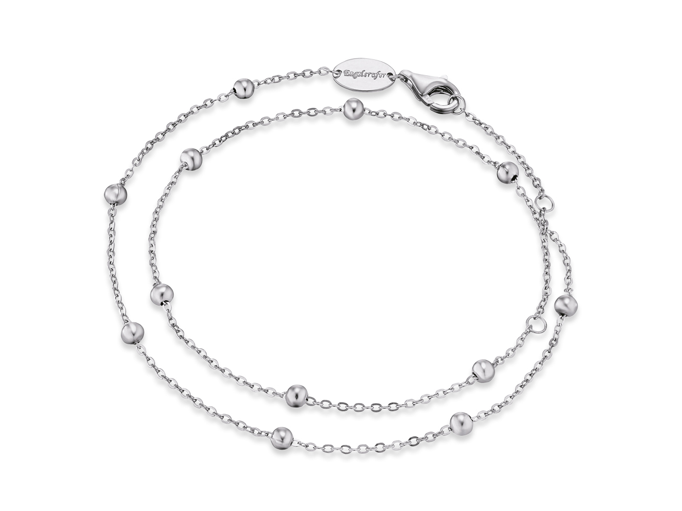 Armband von Engelsrufer aus rhodiniertem Silber mit einem eleganten Design. Das Armband hat eine Länge von 32 cm und ist mit kleinen, runden Anhängern verziert.