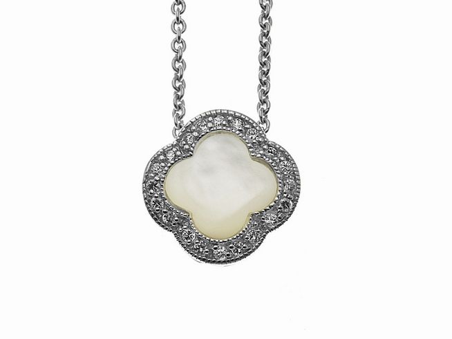 Romantische Kette mit Anhänger aus Sterling Silber, verziert mit Perlmutt und Zirkonia, in Form eines eleganten, blütenblattförmigen Mittelteils, Länge 45 cm.