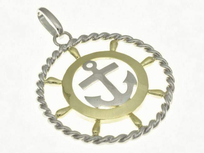 Hängendes Anhänger mit maritimem Design, kombiniert aus rhodiniertem Sterling Silber und vergoldetem Gelbgold. Zeigt ein Steuerrad mit einem Anker und ist ideal für Seefahrtsliebhaber.