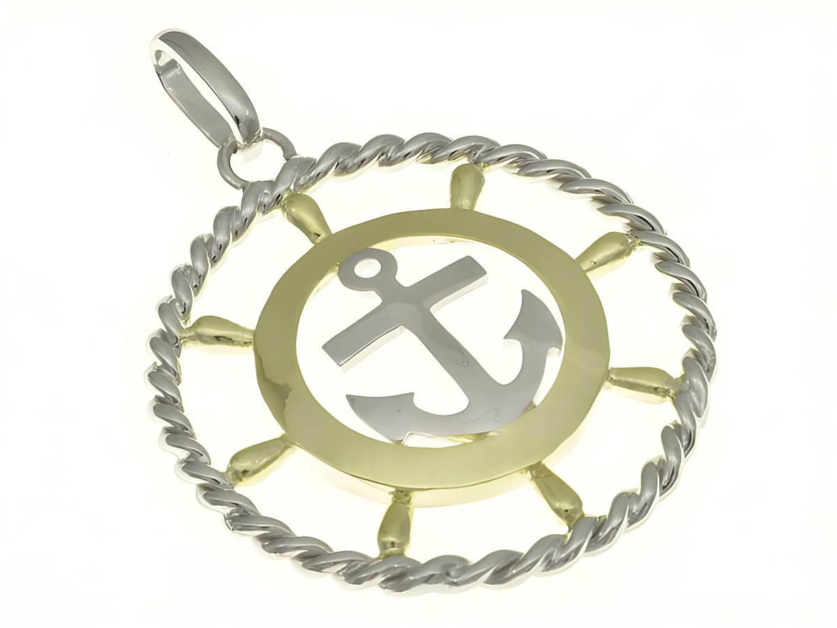 Hängendes Anhänger mit maritimem Design, kombiniert aus rhodiniertem Sterling Silber und vergoldetem Gelbgold. Zeigt ein Steuerrad mit einem Anker und ist ideal für Seefahrtsliebhaber.