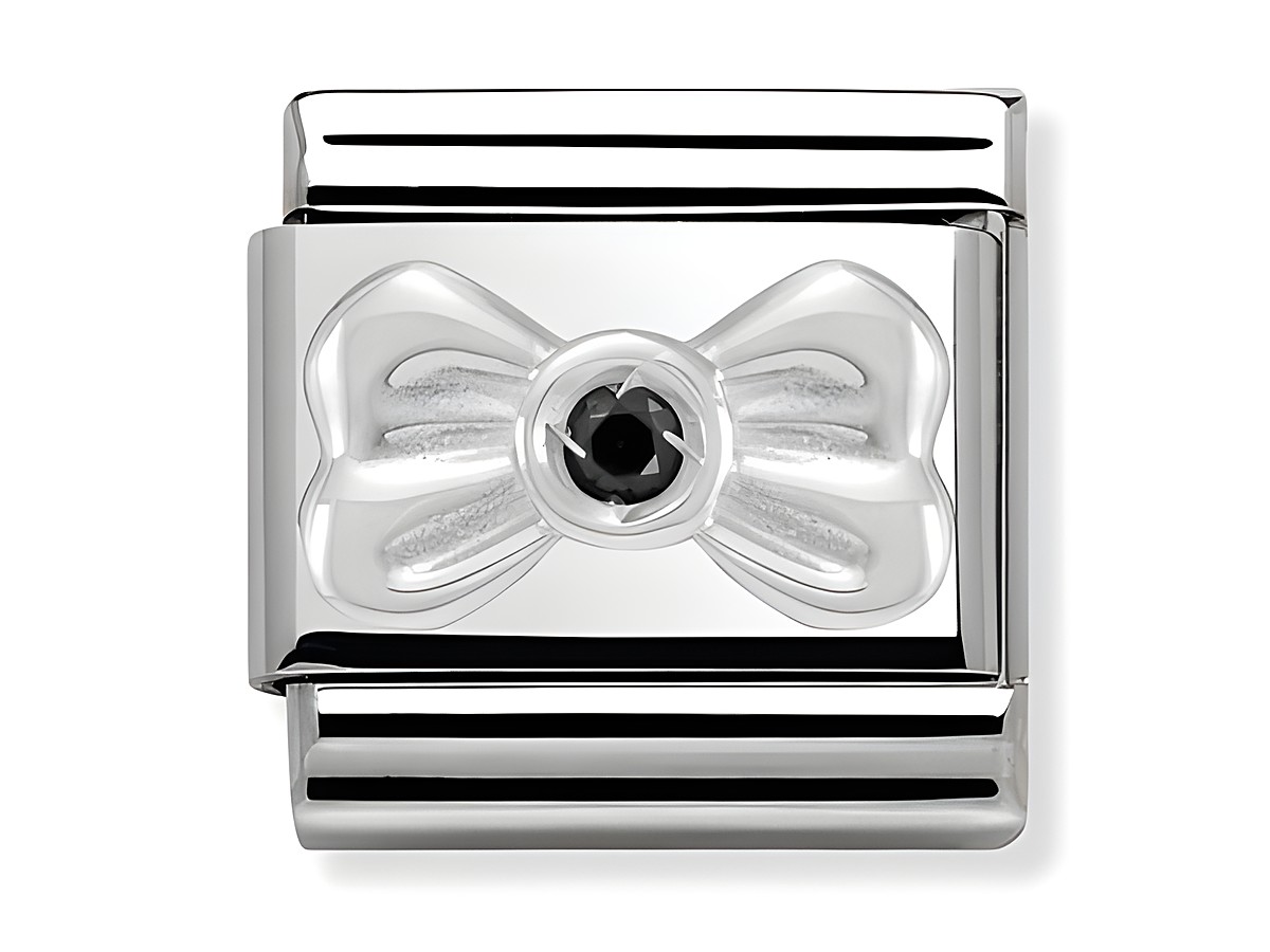 Sterling Silber Charm von Nomination mit einem schwarzen Strassstein in Form einer Schleife, glänzende Oberfläche und elegant gestaltetes Design, geeignet für personalisierte Armbänder.