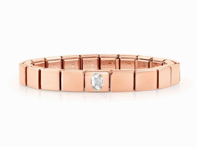 Nomination Classic GLAM Armband Edelstahl Roségold 239104 14 Zirkonia WEISS zeigt ein elegantes, flexibles Armband aus Edelstahl in Roségold mit einem funkelnden weißen Zirkonia.