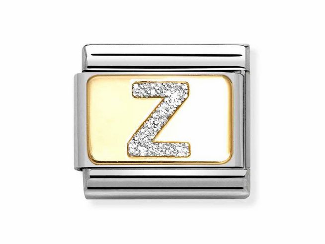 Silberner Classic Charm mit einem goldenen Glitzer-Buchstaben Z, umrahmt von Edelstahl, ideal für ein personalisiertes Armband. Hersteller ist Nomination, Design in Gold und Silber.
