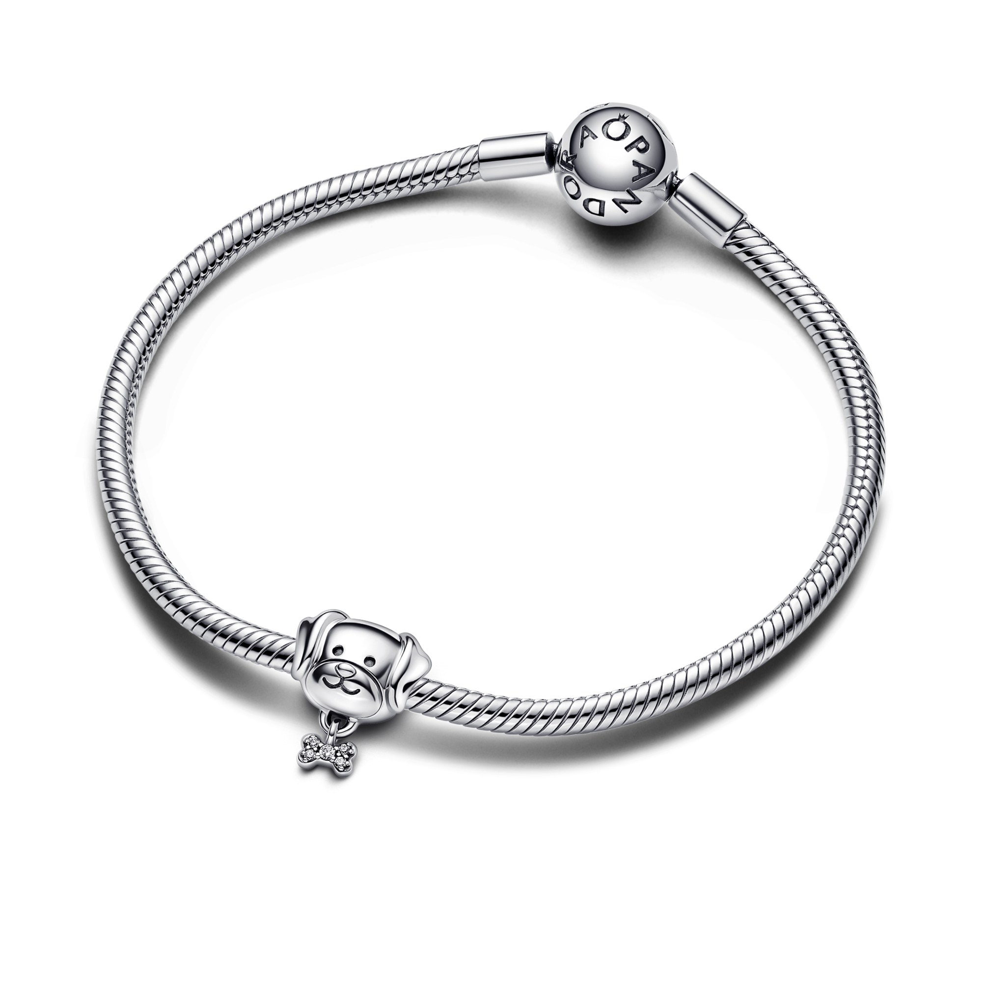 Pandora Hund & Knochen Charm - Sterling Silber + Zirkonia - Klar – Ansicht 2
