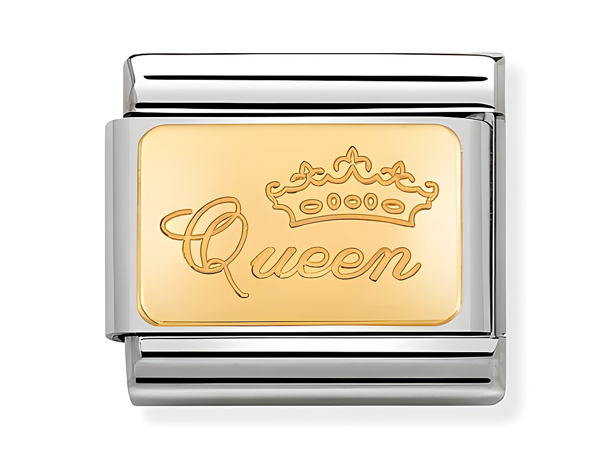 Nomination 030121 49 Queen Composable Classic aus Edelstahl mit goldenem Schriftzug und Krone, ideal für modische Armbänder und als besonderes Geschenk für Königinnen.