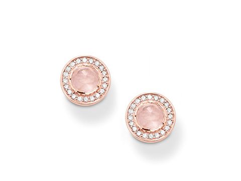 Ohrstecker aus Silber, vergoldet mit Roségold, ausgestattet mit Rosenquarz in der Mitte und umrandet von Zirkonia-Steinen, Hersteller Thomas Sabo, Modell H1858-417-9.