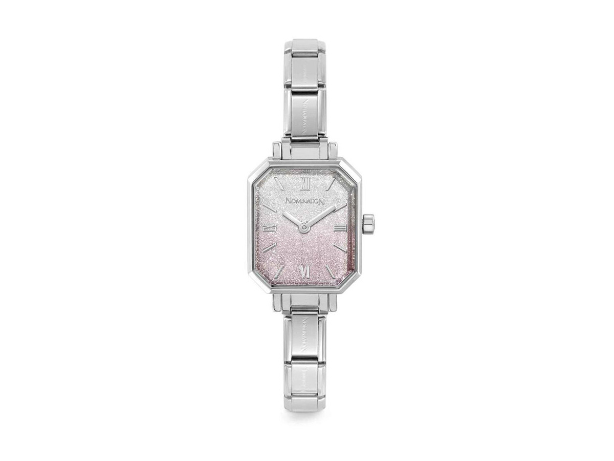 Elegante TIME Edelstahl Armbanduhr in eckiger Form mit glitzerndem rosa-silbernem Ziffernblatt und metallischem Armband, ideal für stilbewusste Frauen. Neuheiten von Pandora.
